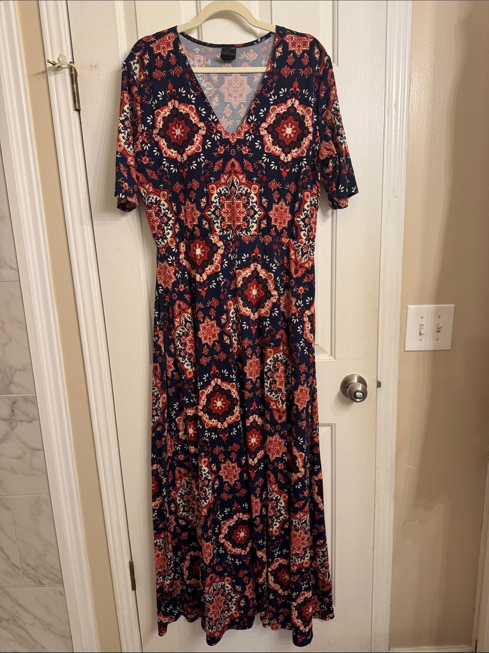 Agnes & Dora Navy Maxi Dress with Coral Medallion Print